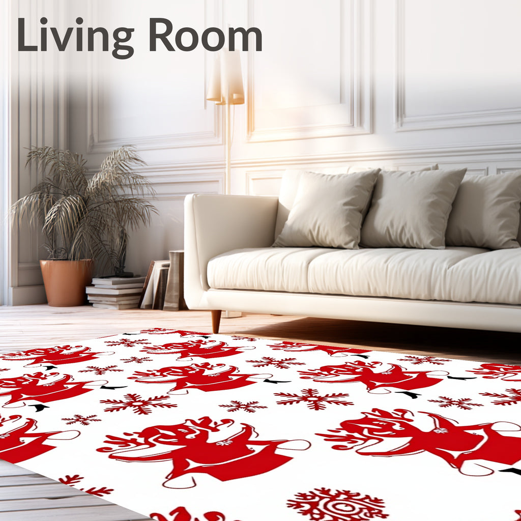 Red Christmas Reindeer Snowflakes Rug
