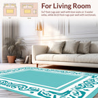 Teal White Scroll Border Pattern Rug