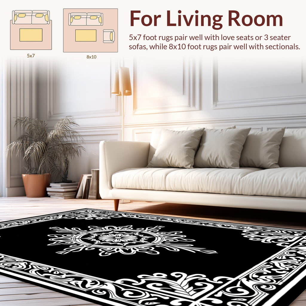 Ornate Black White Floral Mandala Rug