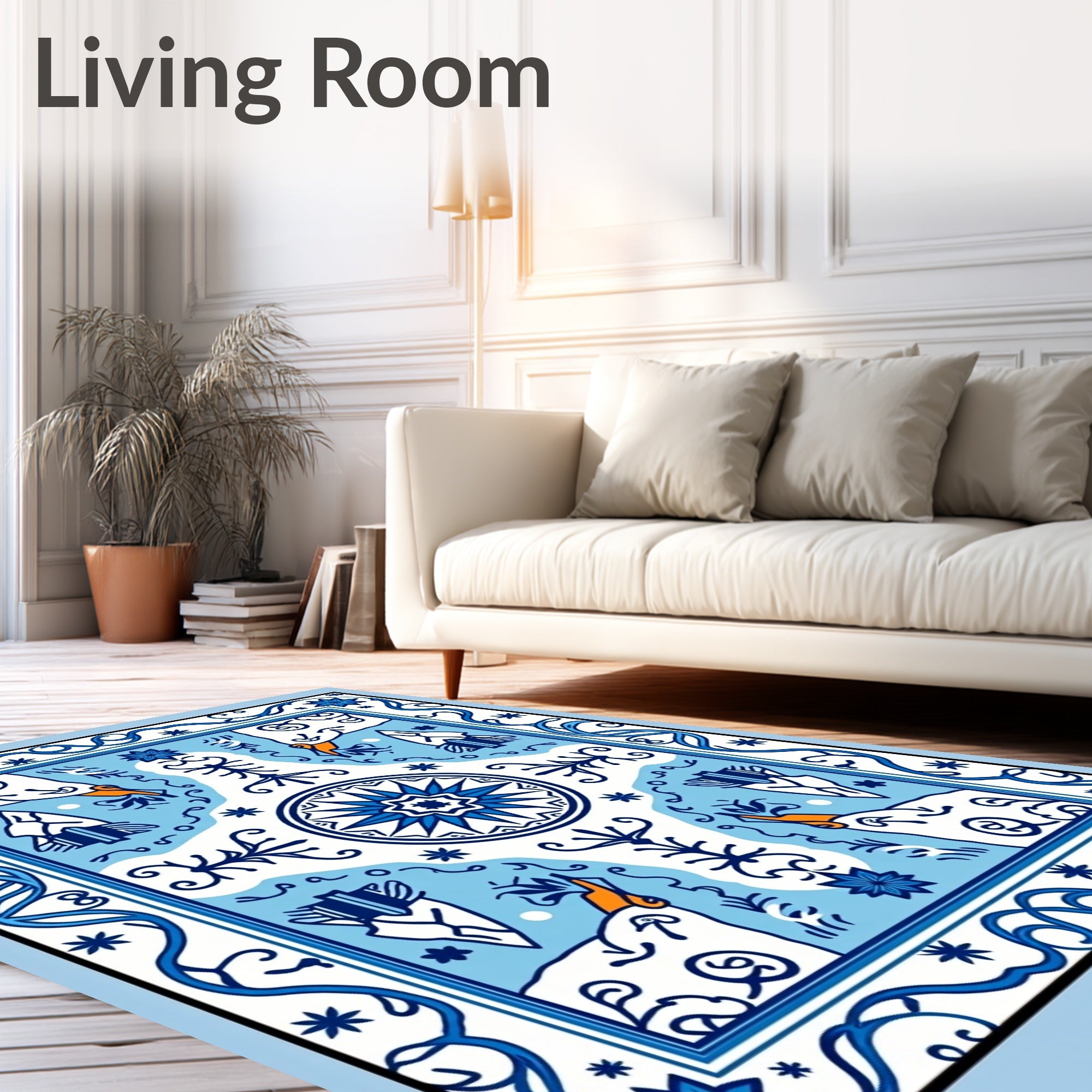 Blue White Folk Art Animal Medallion Rug