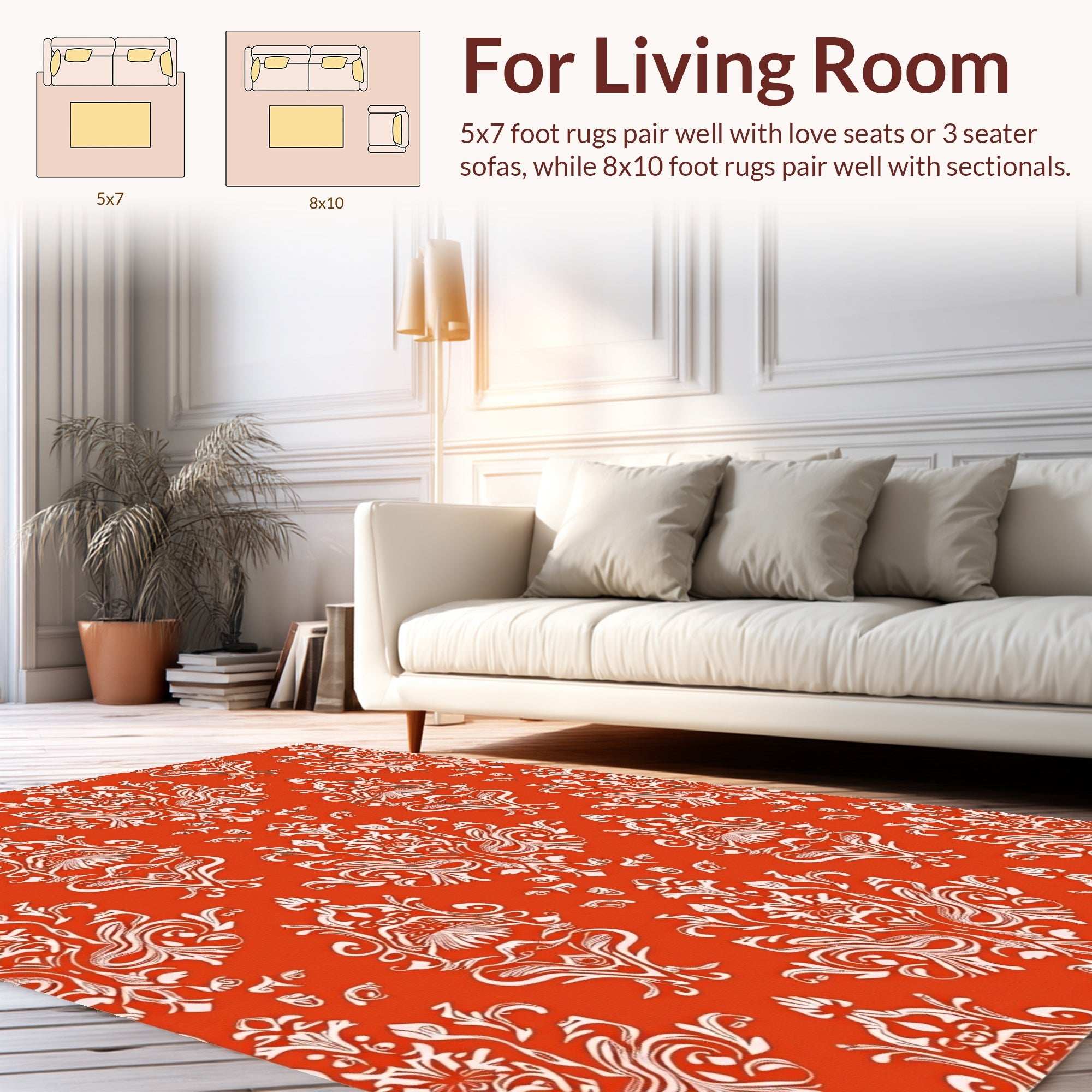 Ornate White Floral Damask Pattern Rug