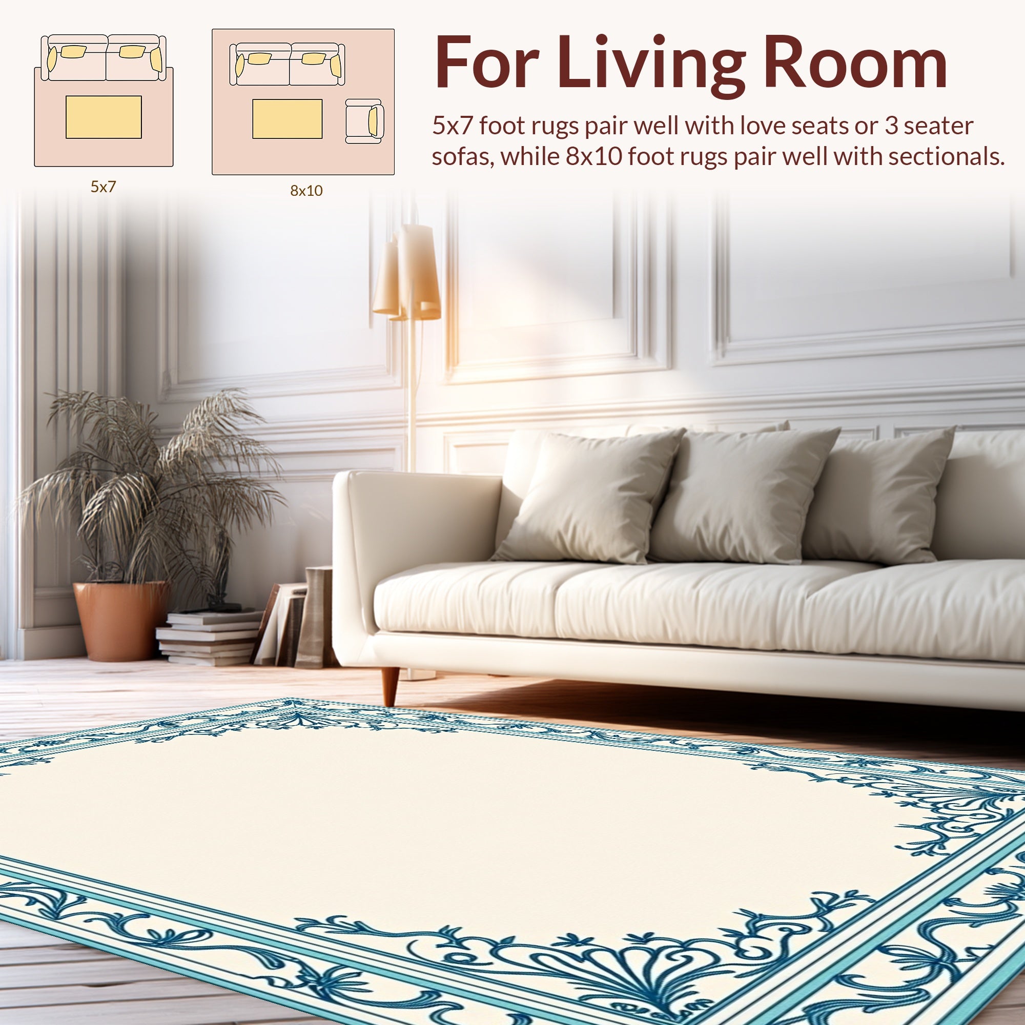 Classic Teal Vine Scroll Border Design Rug