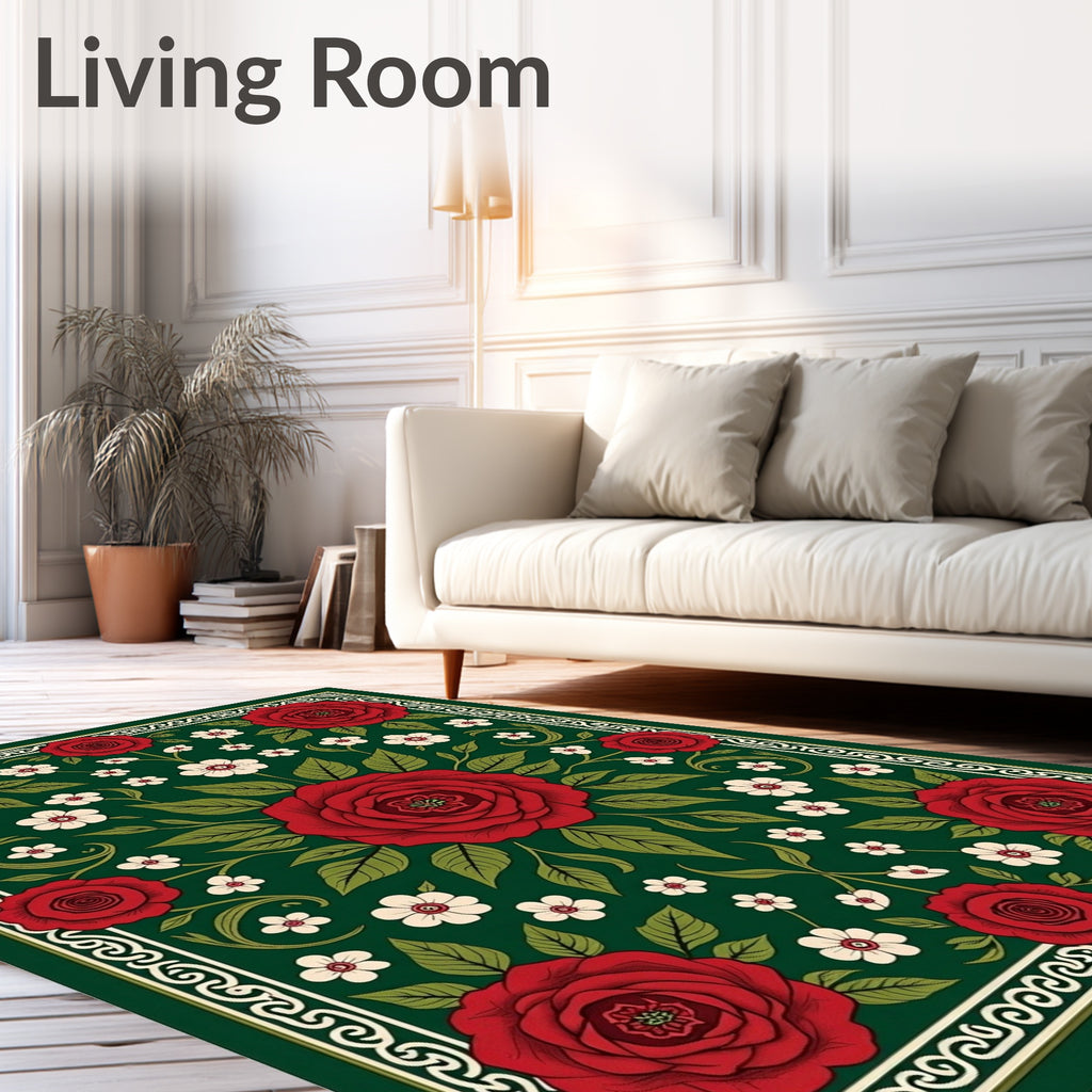Emerald Green Red Rose Blossom Rug