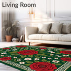 Emerald Green Red Rose Blossom Rug