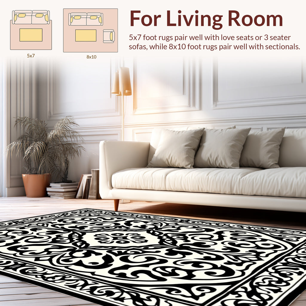 Classic Black White Floral Pattern Rug