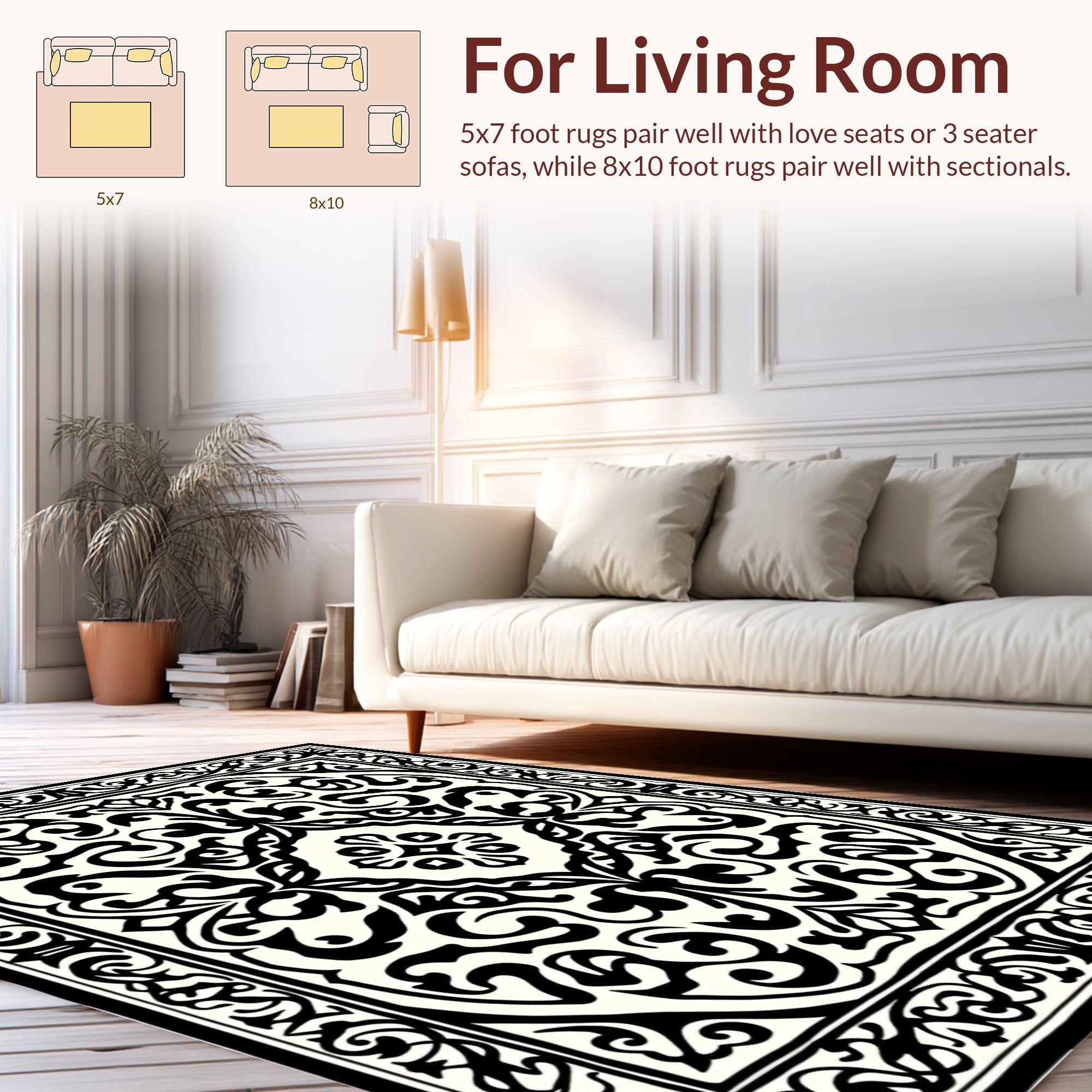 Classic Black White Floral Pattern Rug