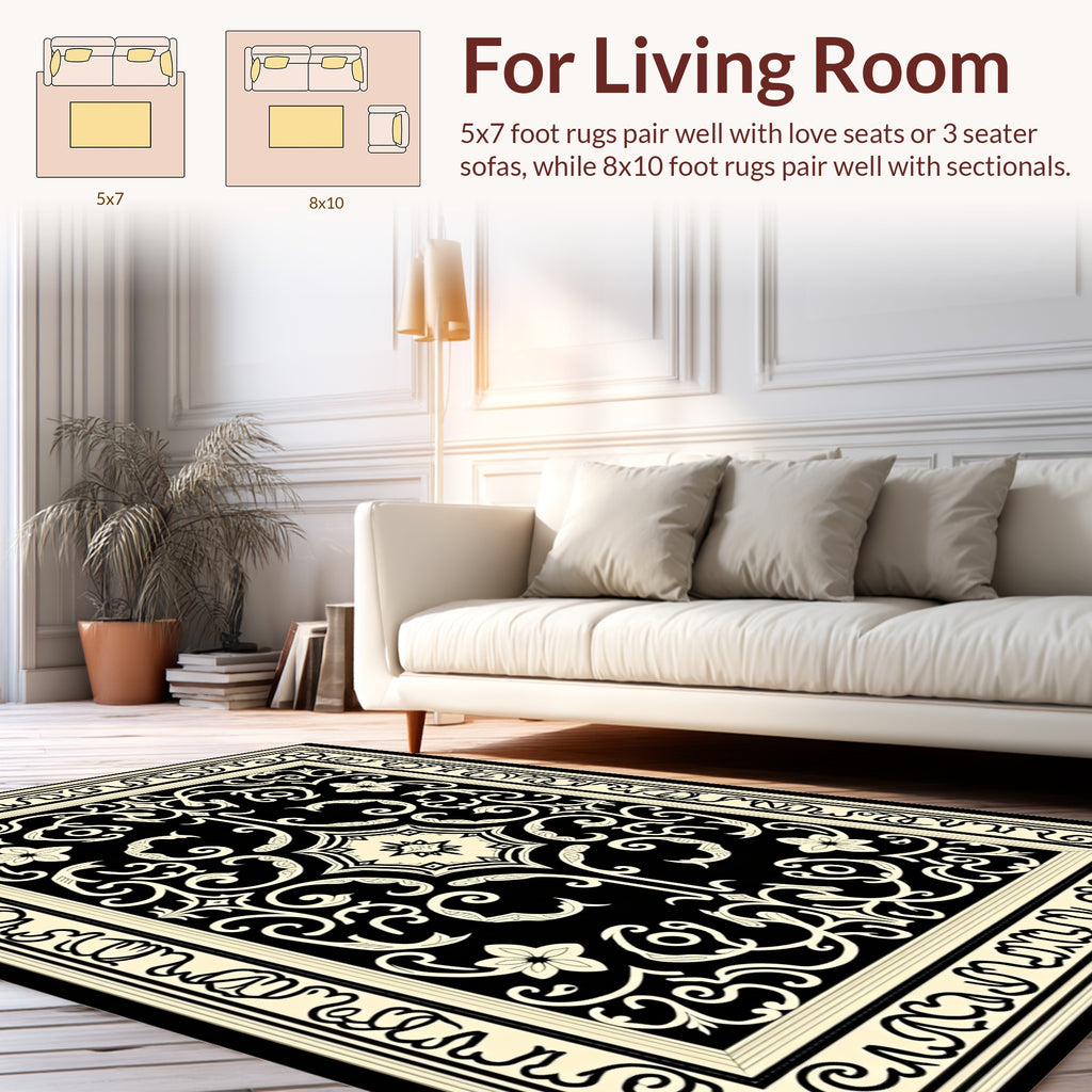 Ornate Black Cream Floral Pattern Rug