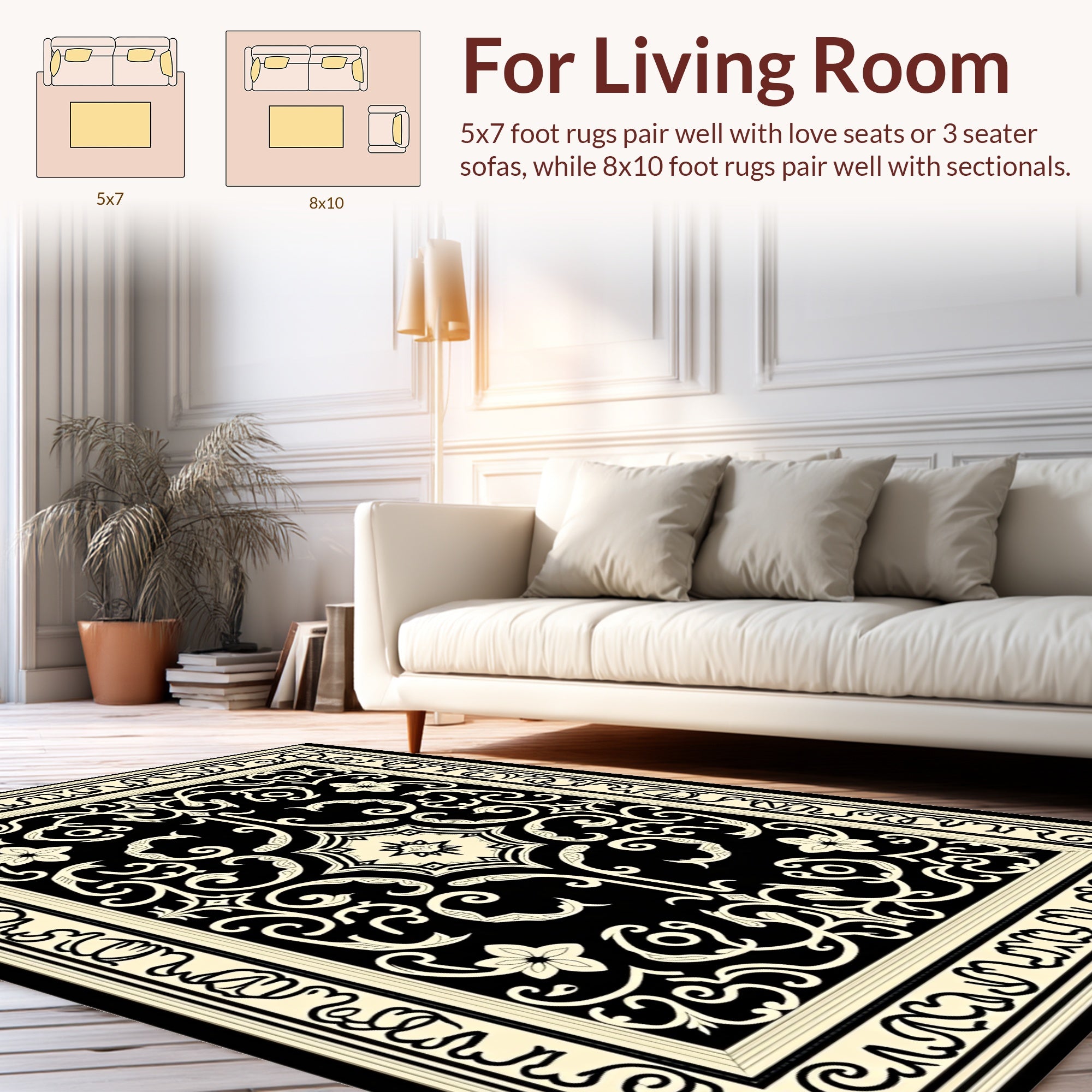 Ornate Black Cream Floral Pattern Rug