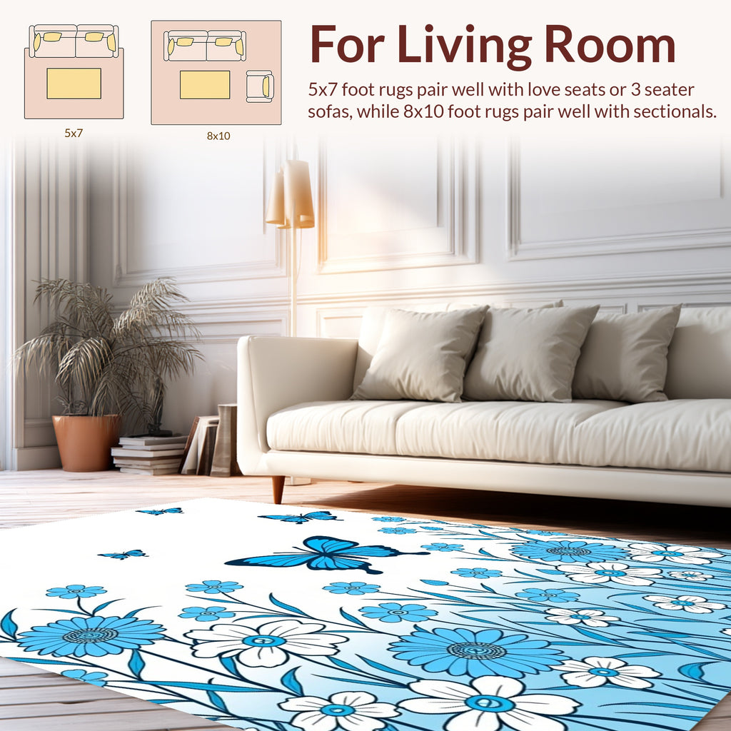 Blue Butterflies Floral Garden Design Rug