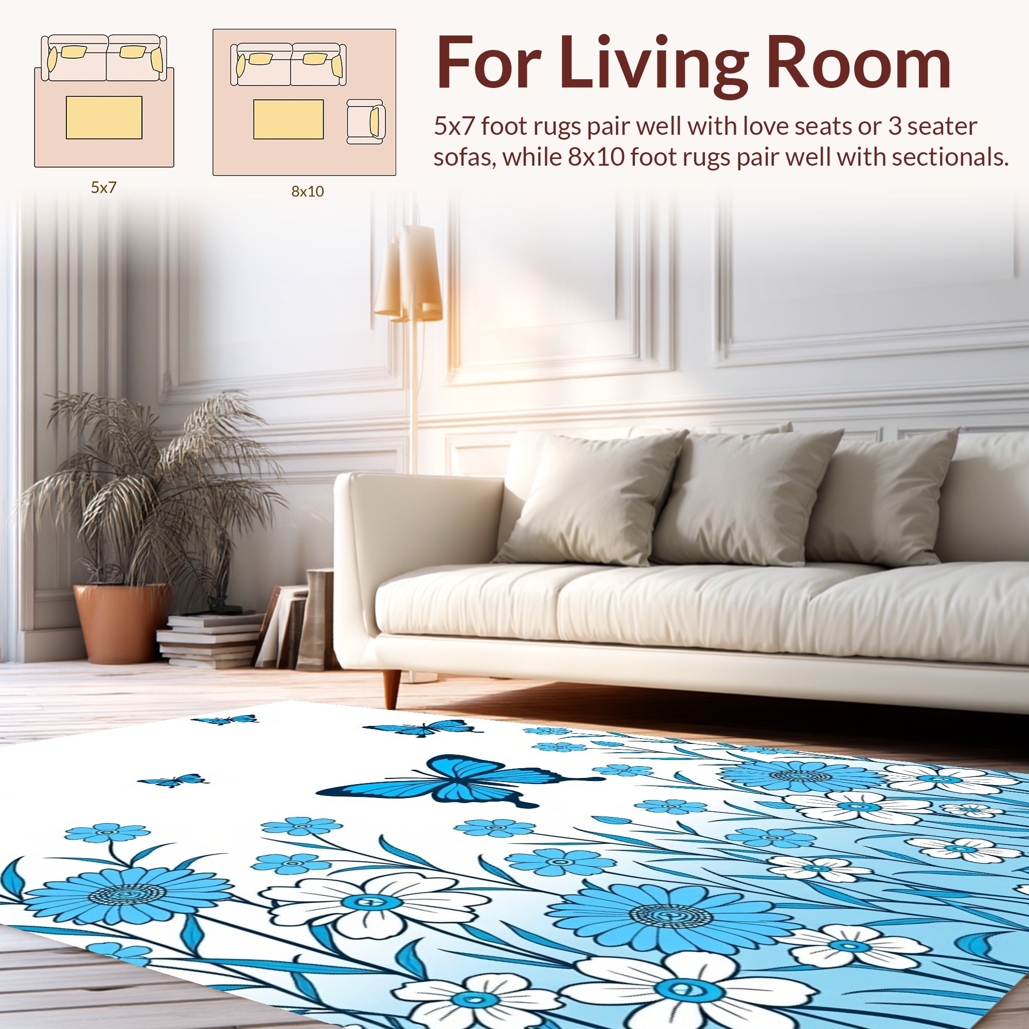 Blue Butterflies Floral Garden Design Rug
