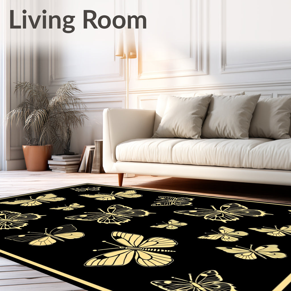 Golden Butterfly Garden Black Background Rug