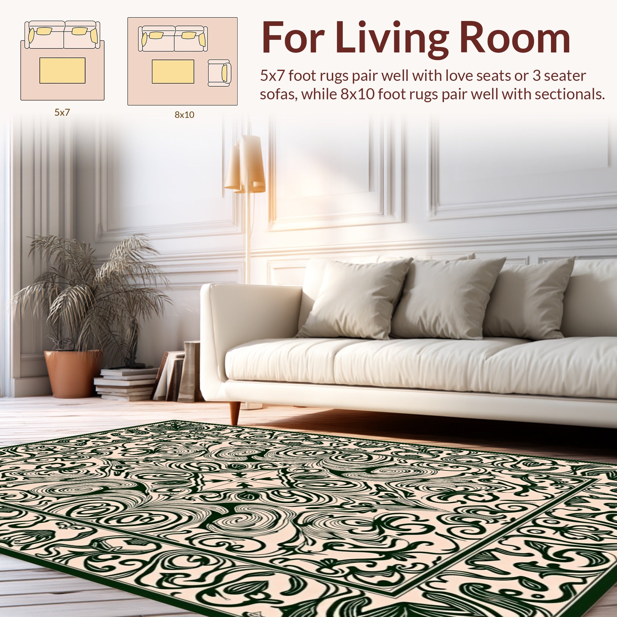 Elegant Dark Green Floral Arabesque Design Rug