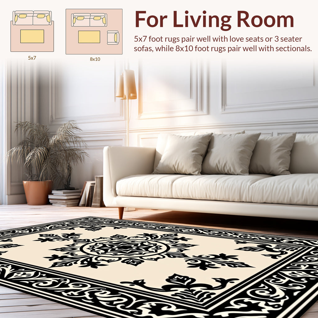 Classic Black Cream Ornate Floral Rug