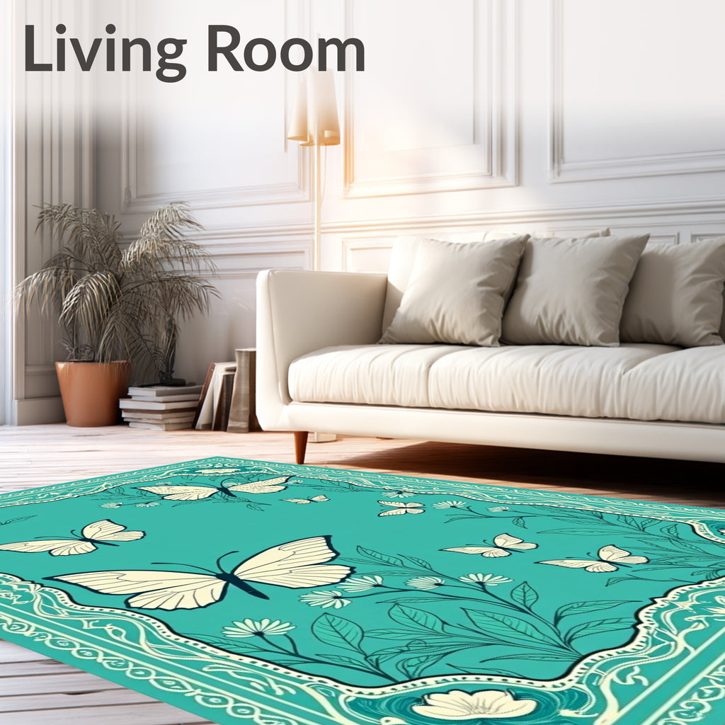 Aqua Butterfly Garden Floral Border Rug