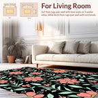 Coral Floral Patterned Black Rug