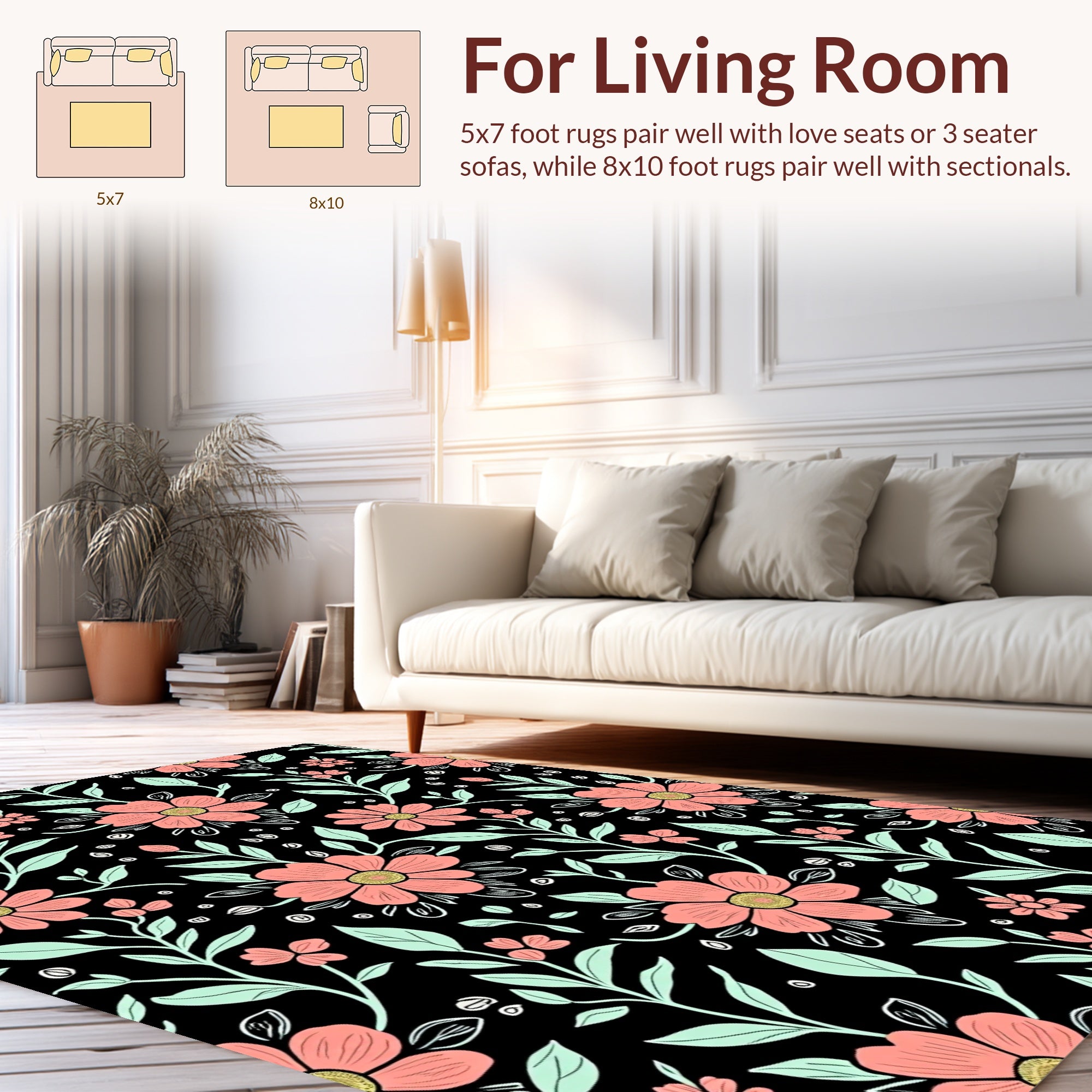 Coral Floral Patterned Black Rug