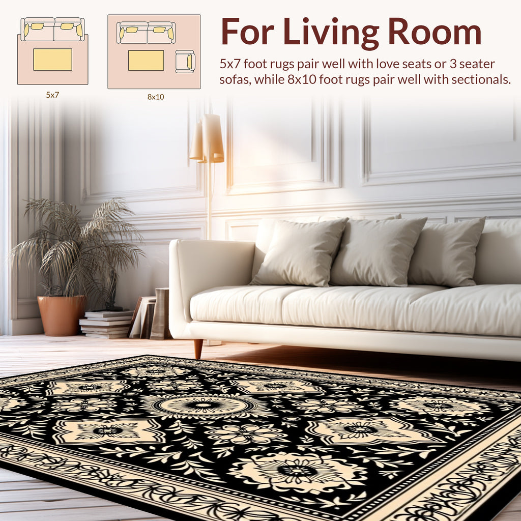 Classic Black Beige Floral Medallion Rug