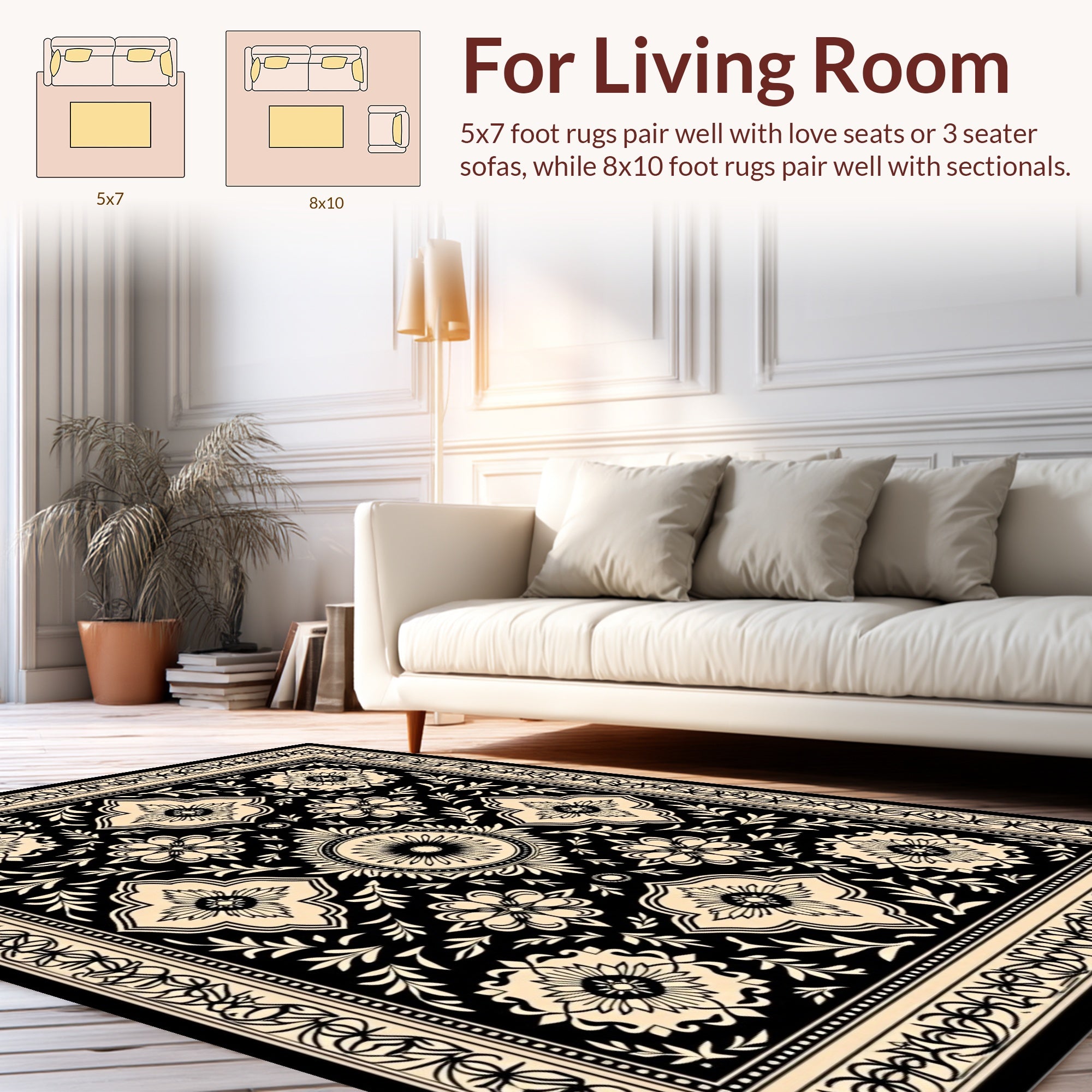 Classic Black Beige Floral Medallion Rug