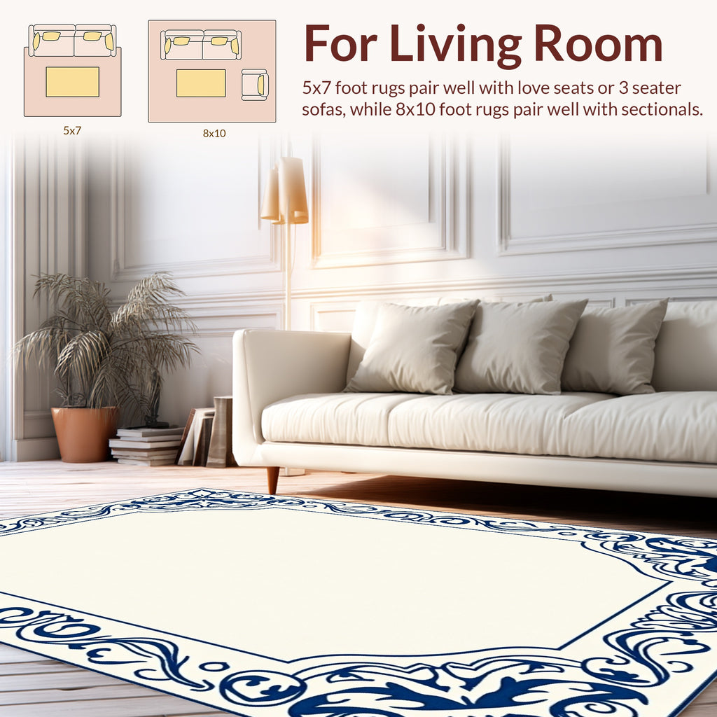 Ornate Blue Floral Scroll Border Design Rug