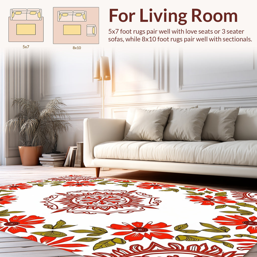 Red Floral Mandala and Leaf Pattern Rug