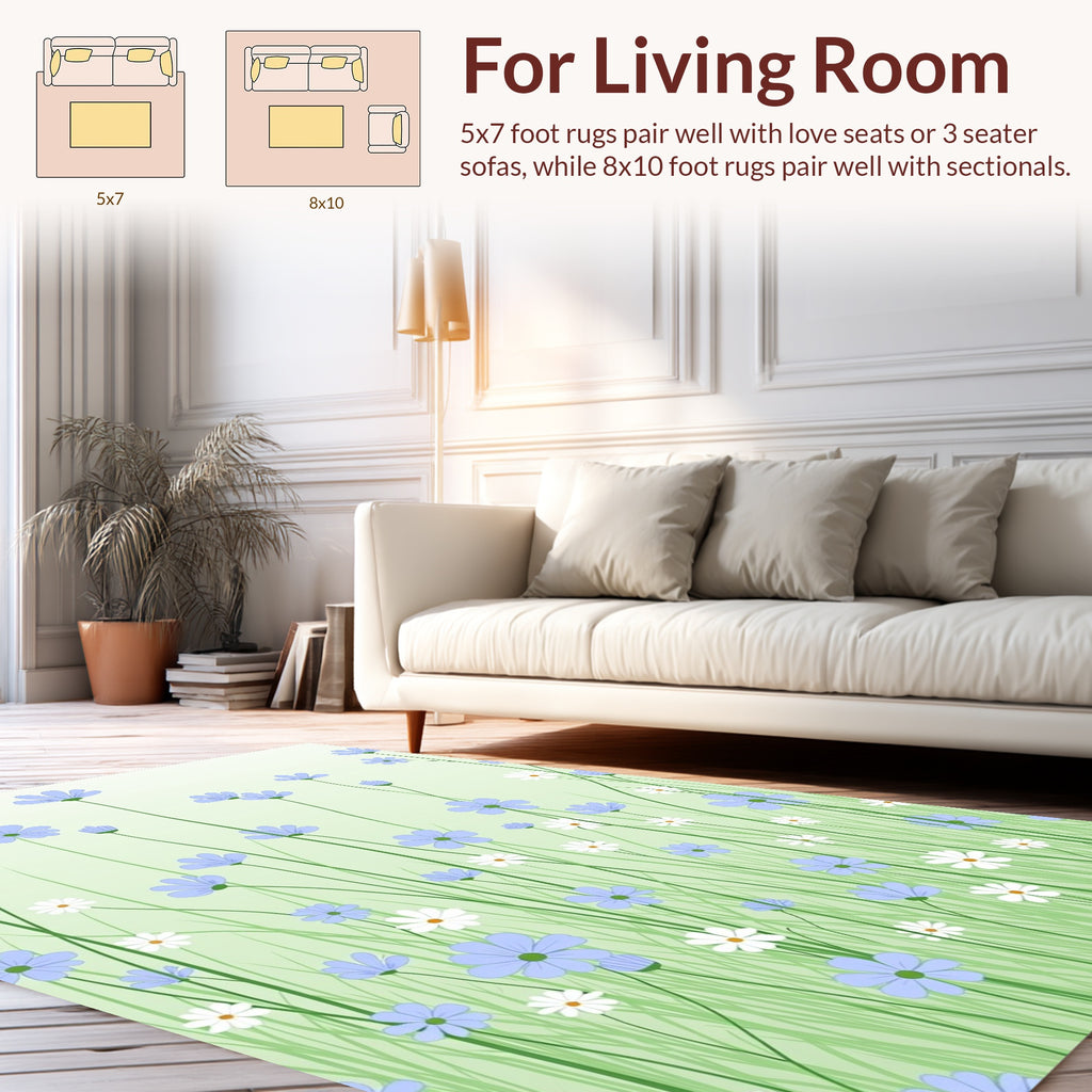 Light Blue White Floral Meadow Design Rug