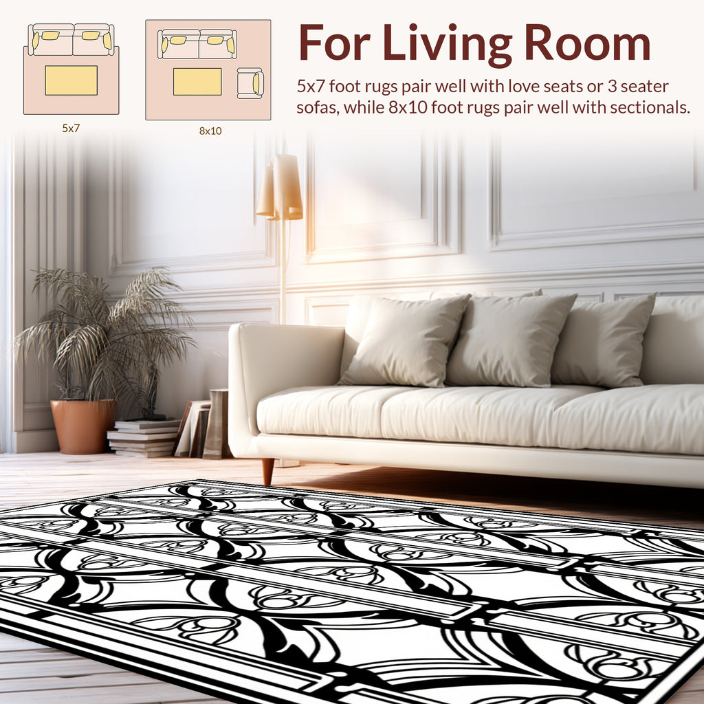 Striking Black White Floral Motif Rug