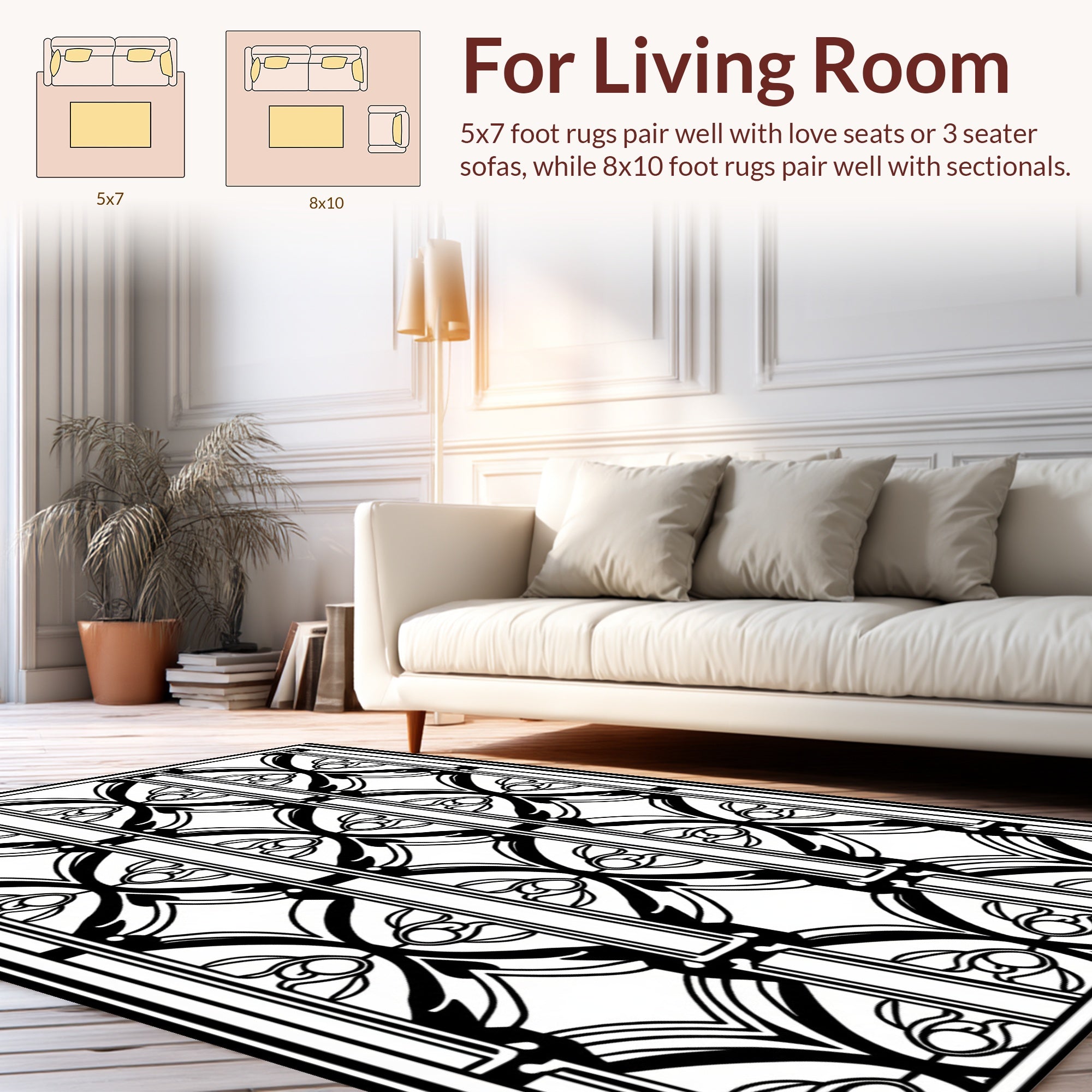 Striking Black White Floral Motif Rug