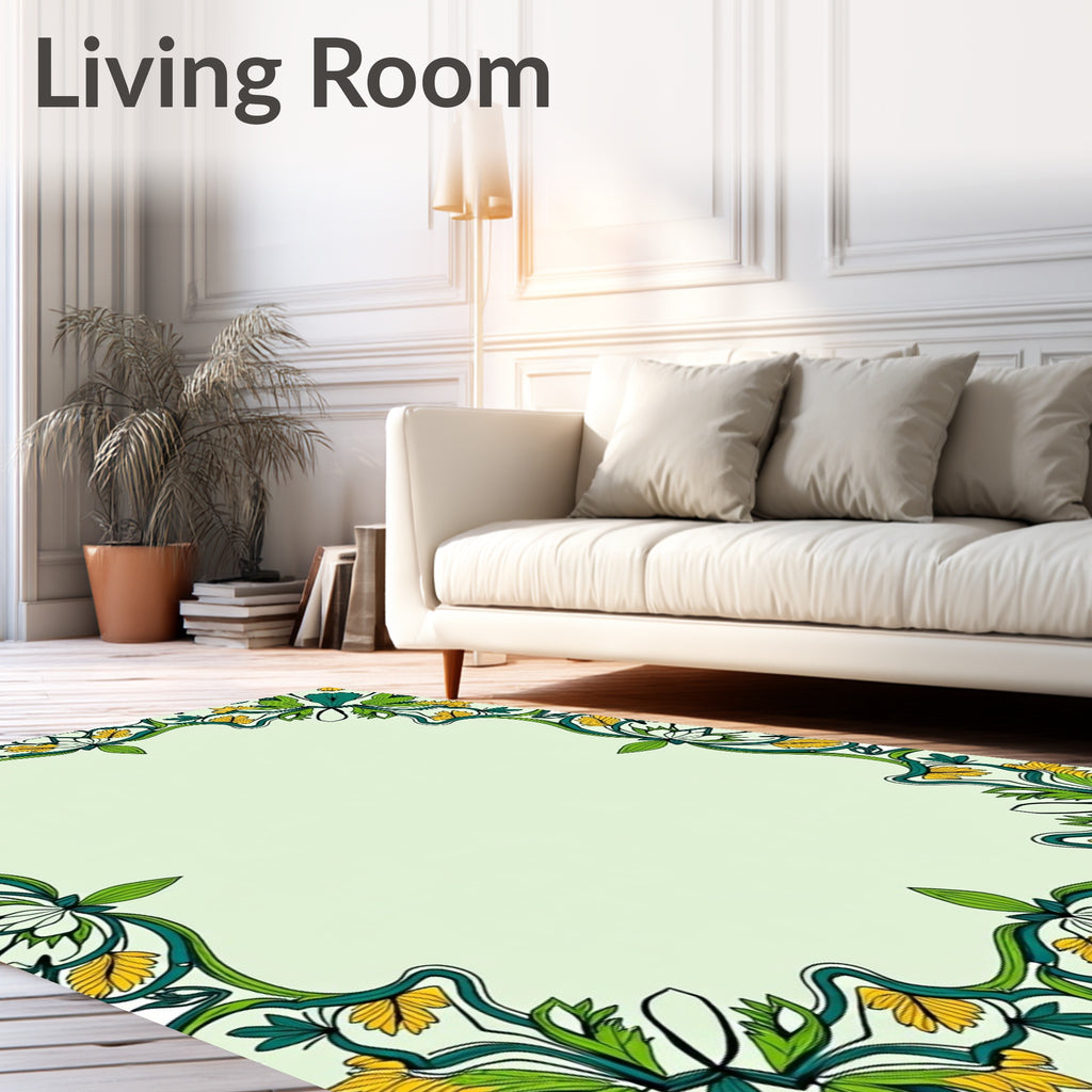 Green Yellow Floral Swirl Border Rug