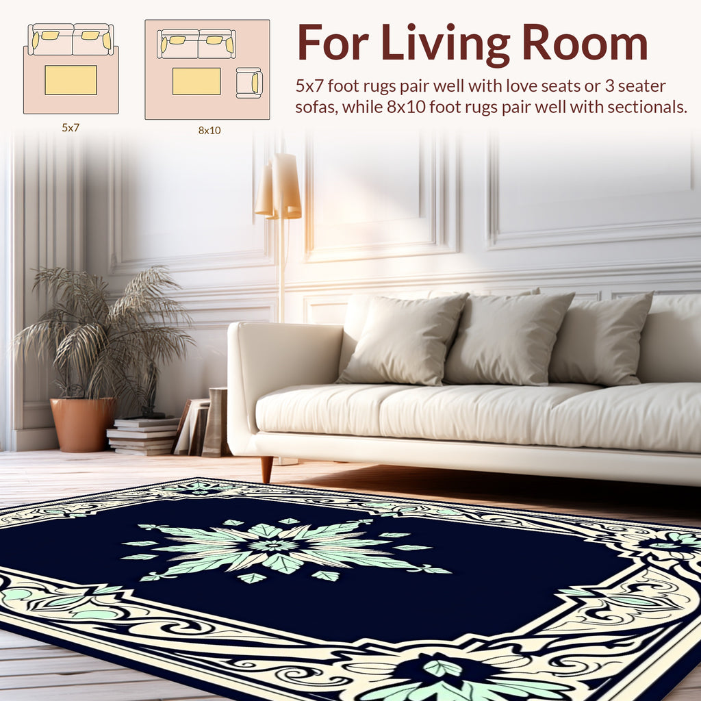 Intricate Floral Frame Dark Blue Rug