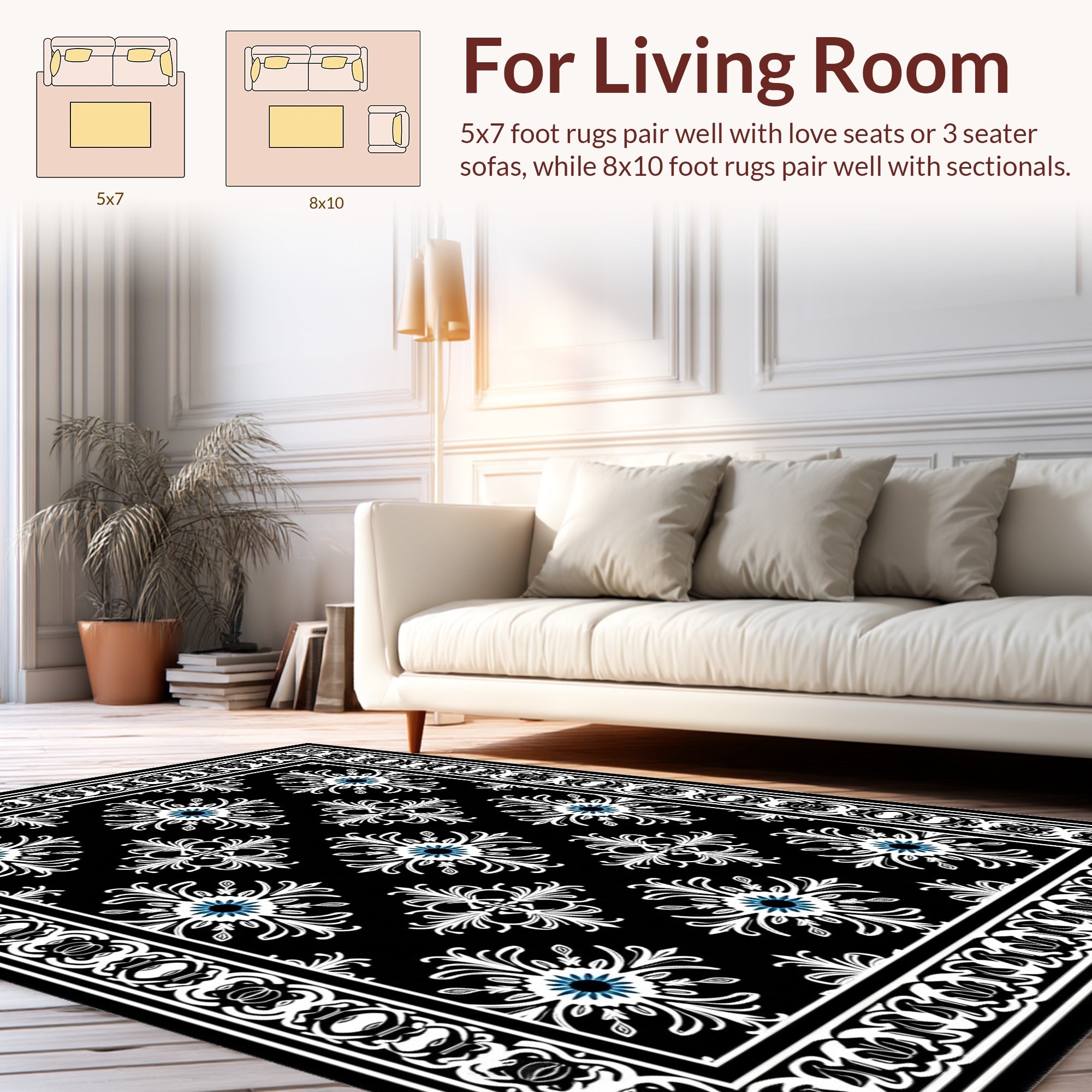 Classic Black White Floral Medallion Rug