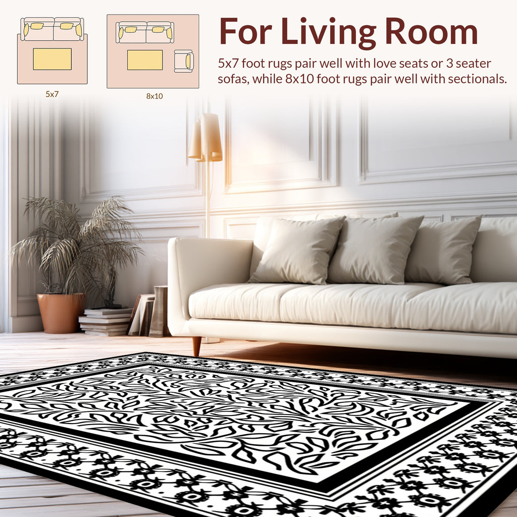 Abstract Leaves Geometric Border Design Rug