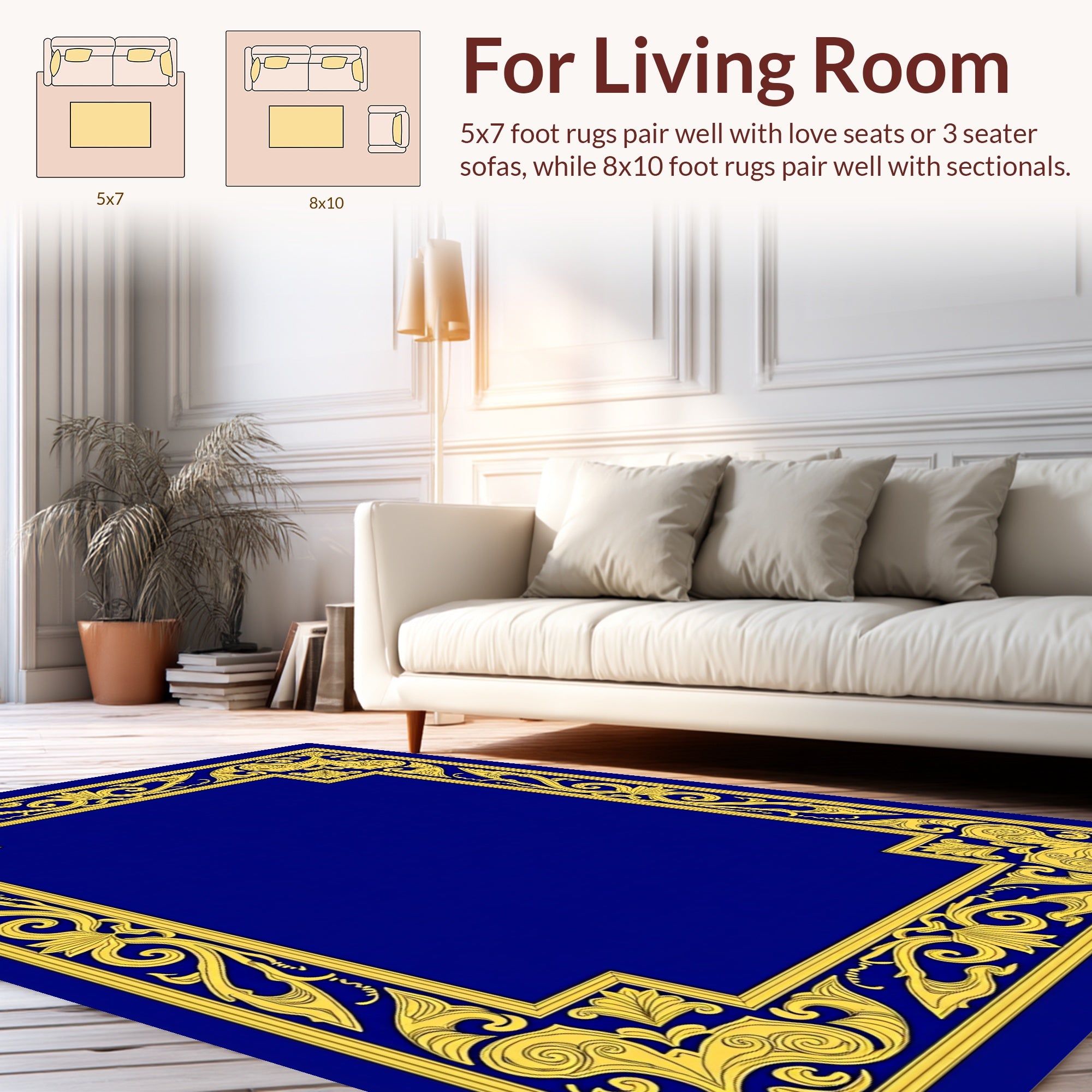Ornate Gold Floral Blue Border Rug