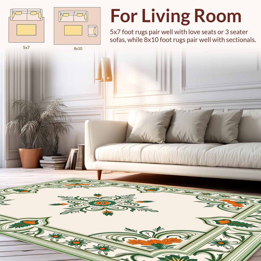 Ornate Green Floral Scrollwork Rug