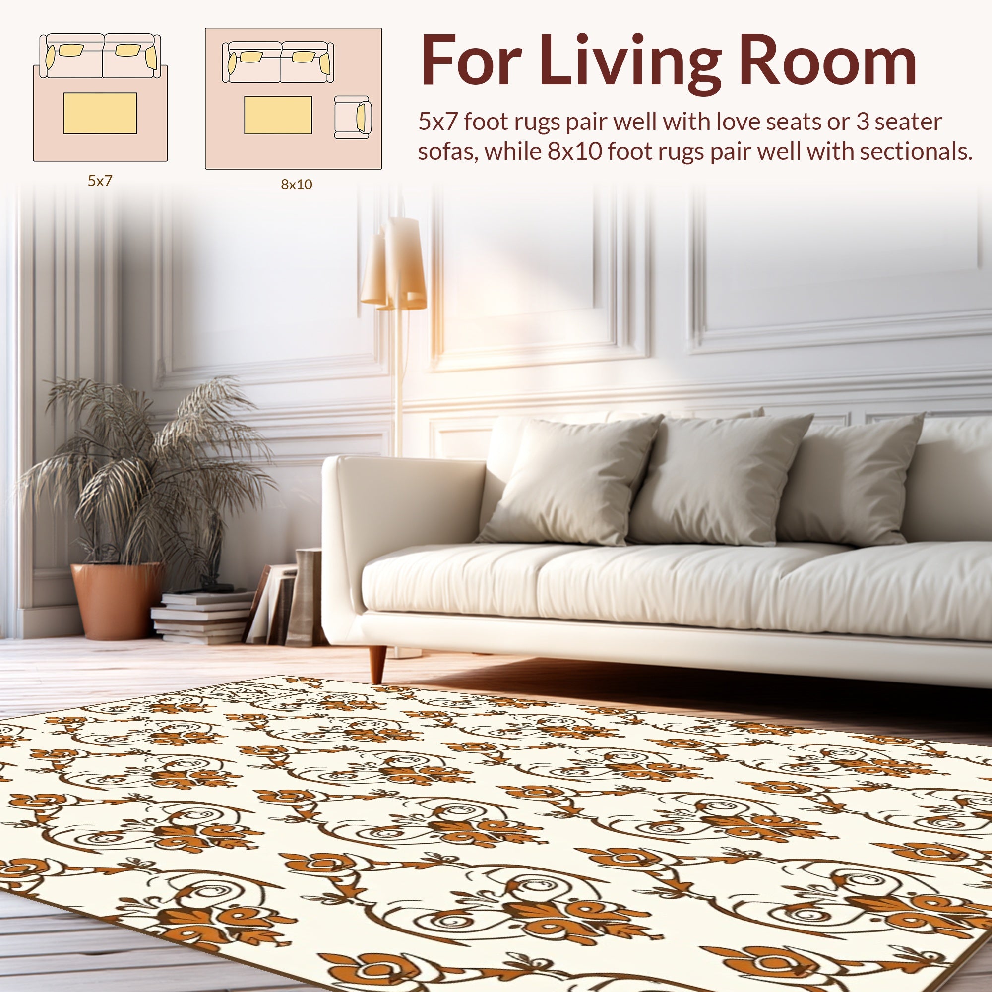 Ornate Brown Floral Damask Pattern Rug