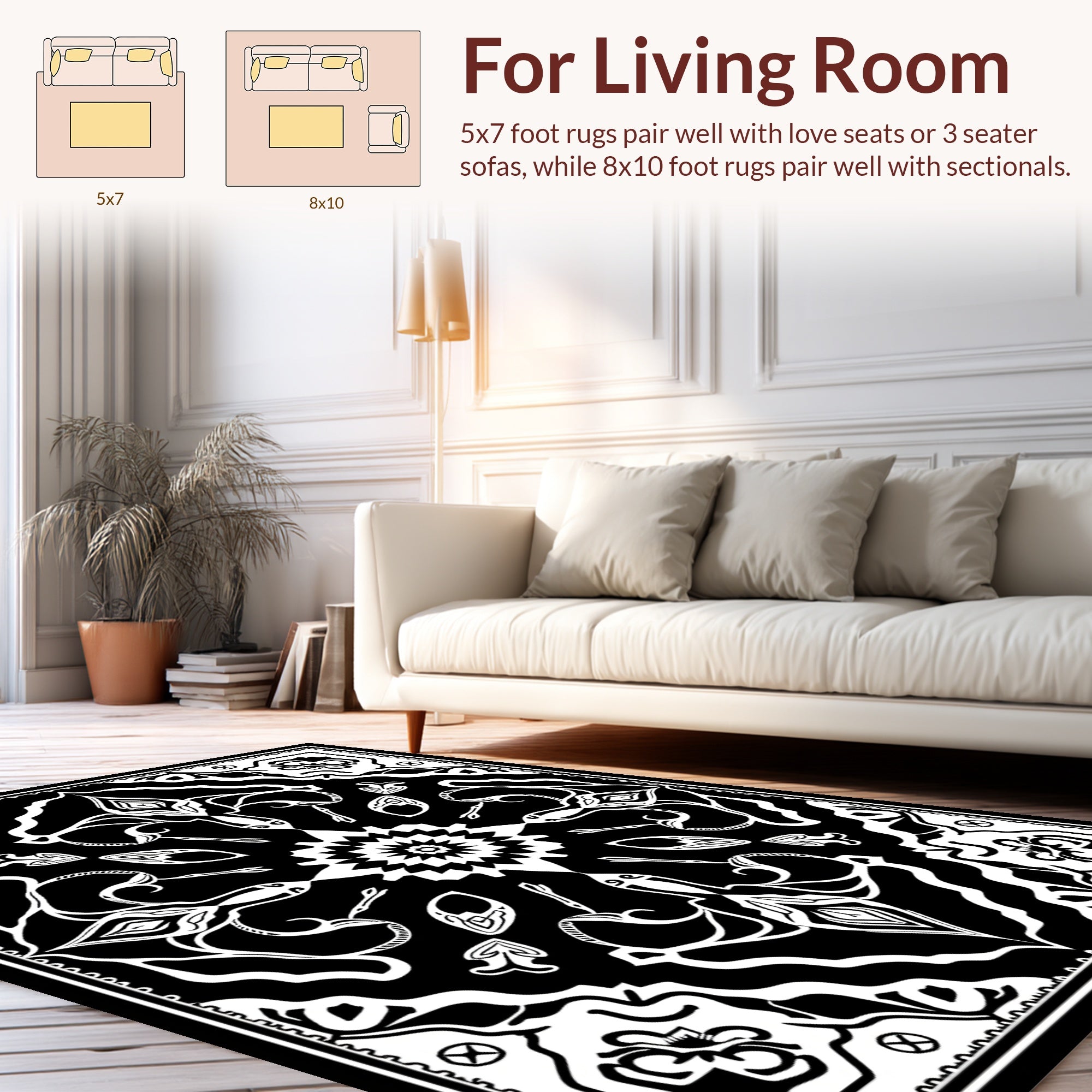 Bold Black and White Floral Mandala Rug