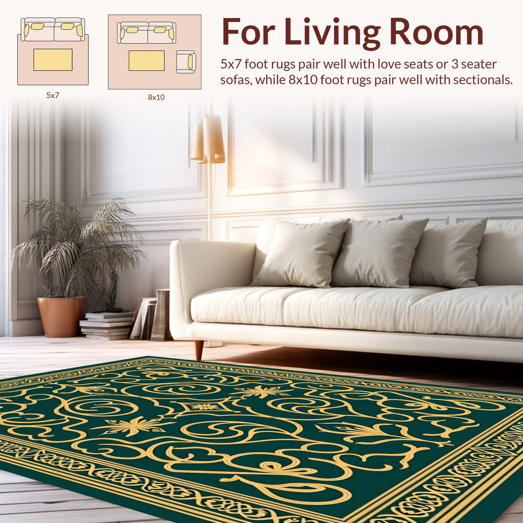 Ornate Gold Swirls Teal Pattern Rug