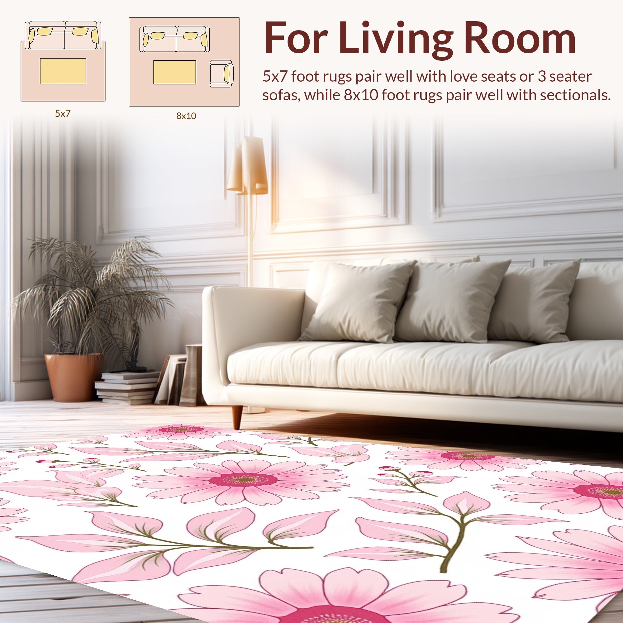 Pink Flowers Delicate Leaves Pattern Rug