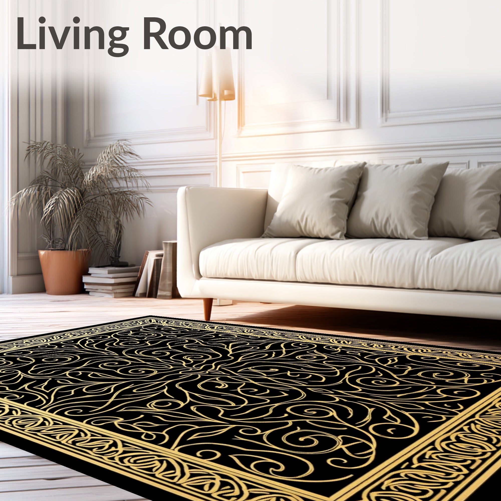 Ornate Black Gold Scroll Art Rug
