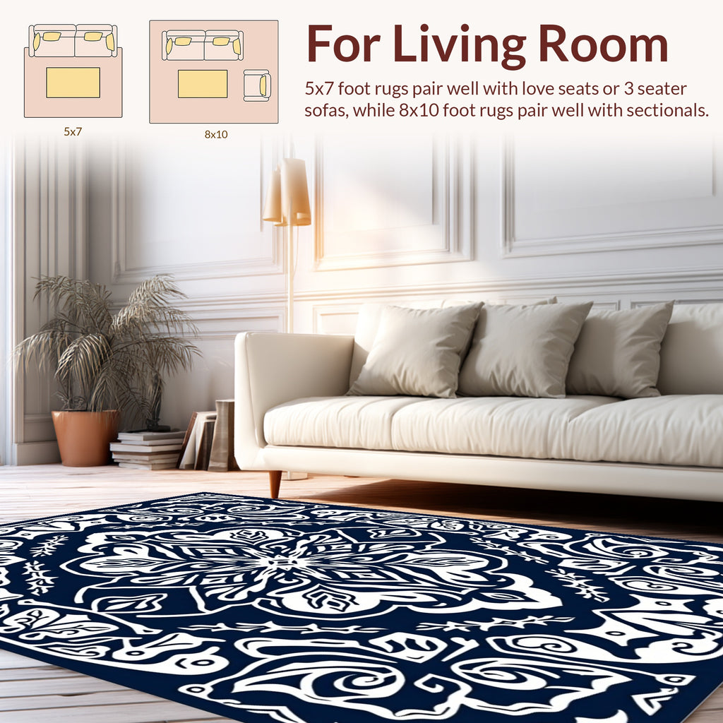 Dark Blue White Ornate Medallion Rug