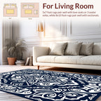 Dark Blue White Ornate Medallion Rug