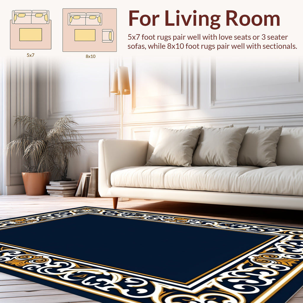 Navy White Gold Scrollwork Frame Rug
