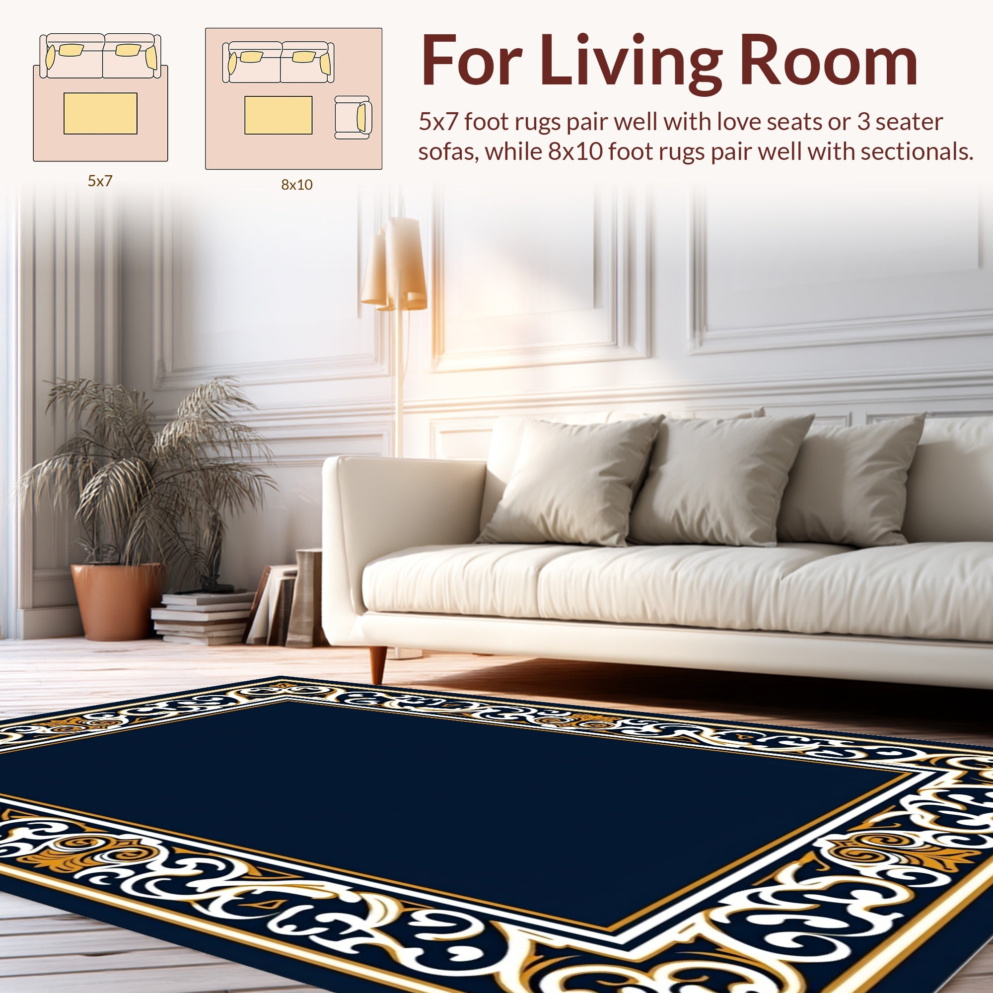 Navy White Gold Scrollwork Frame Rug