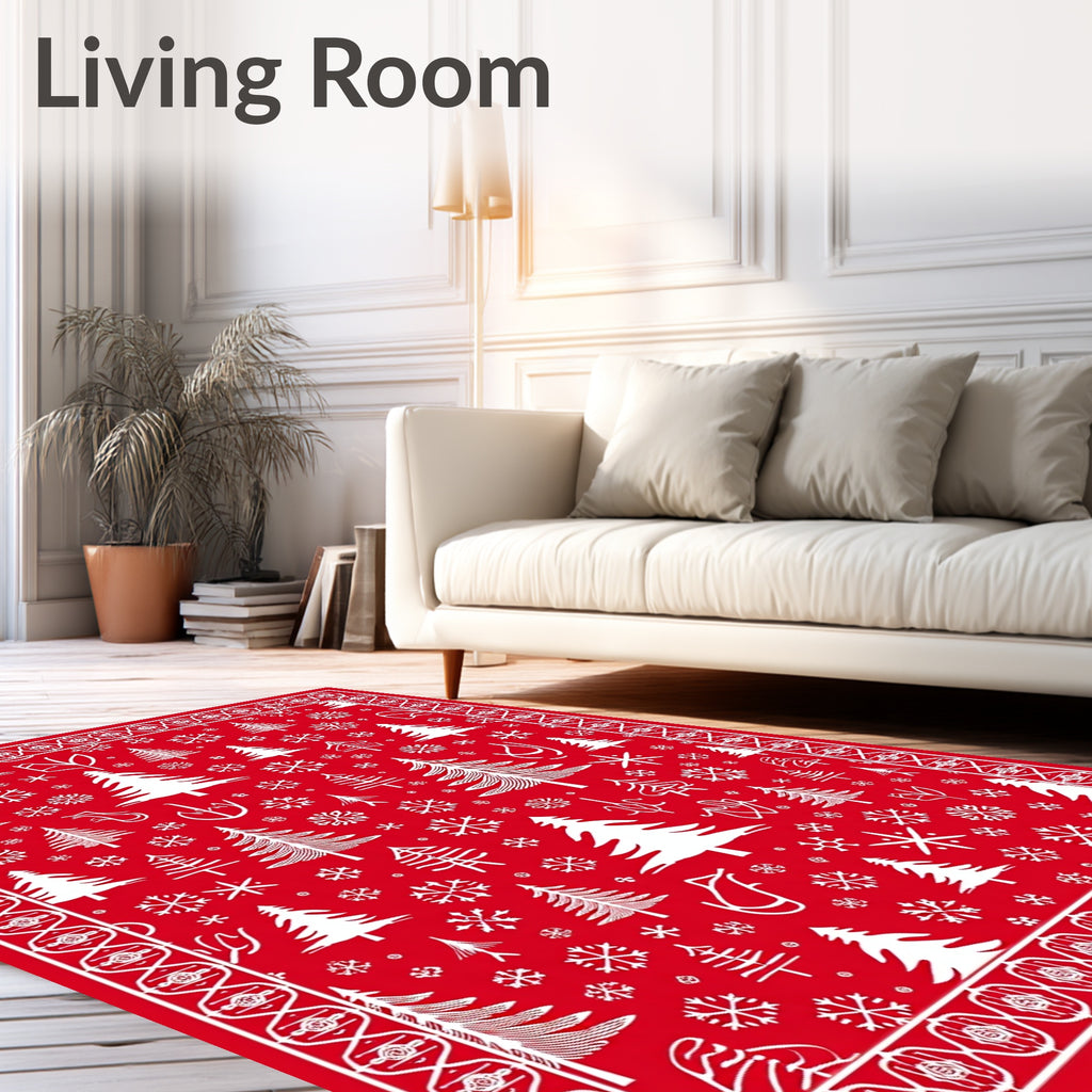 Red White Christmas Tree Snowflake Border Rug