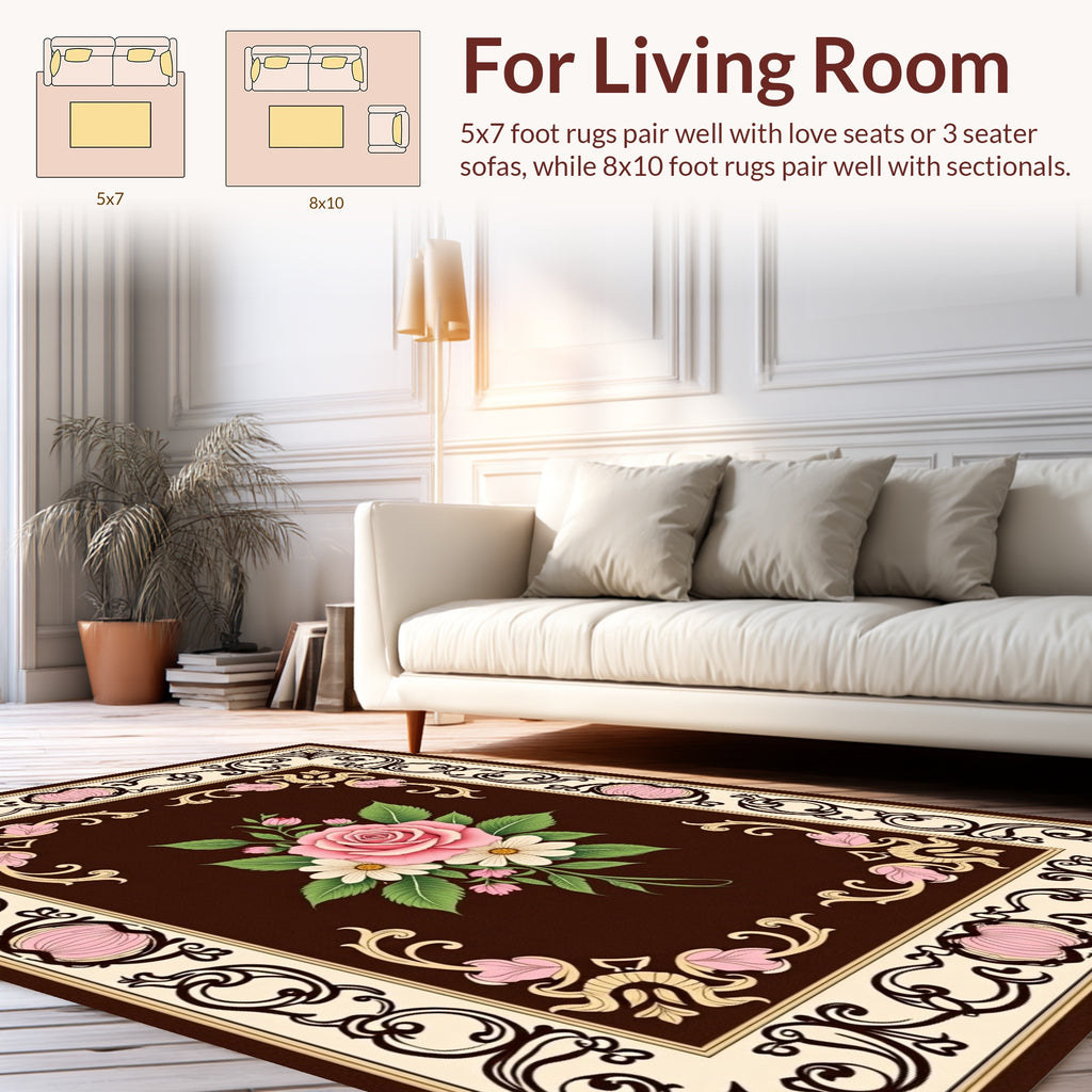 Elegant Floral Bouquet Scroll Border Rug