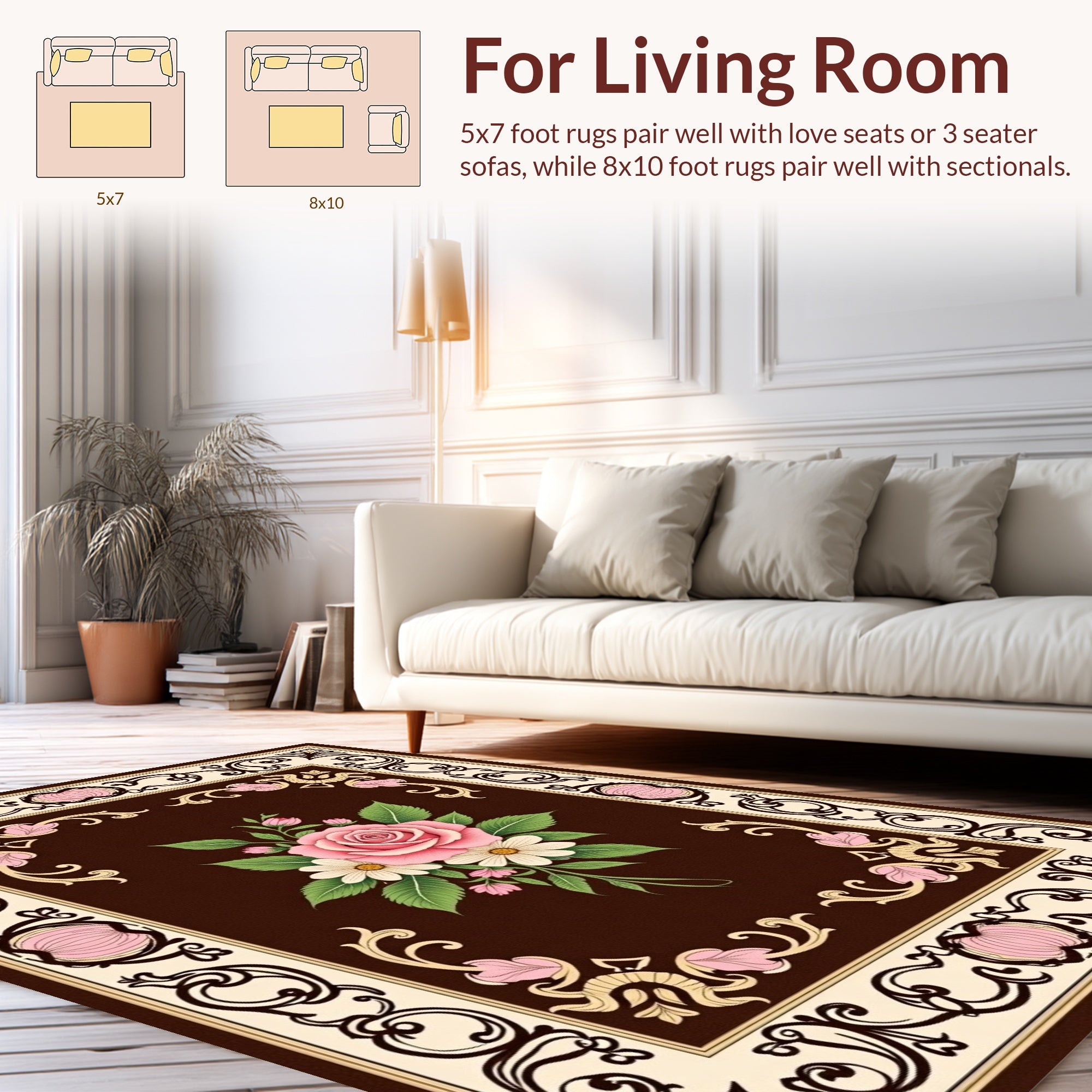 Elegant Floral Bouquet Scroll Border Rug