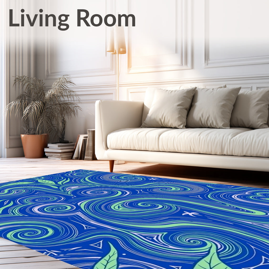 Vibrant Blue Swirling Floral Landscape Rug