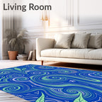 Vibrant Blue Swirling Floral Landscape Rug