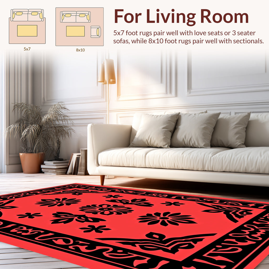 Bold Floral Patterned Red Black Rug