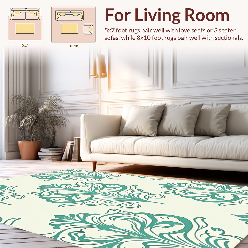 Teal Damask Flourish Pattern Rug