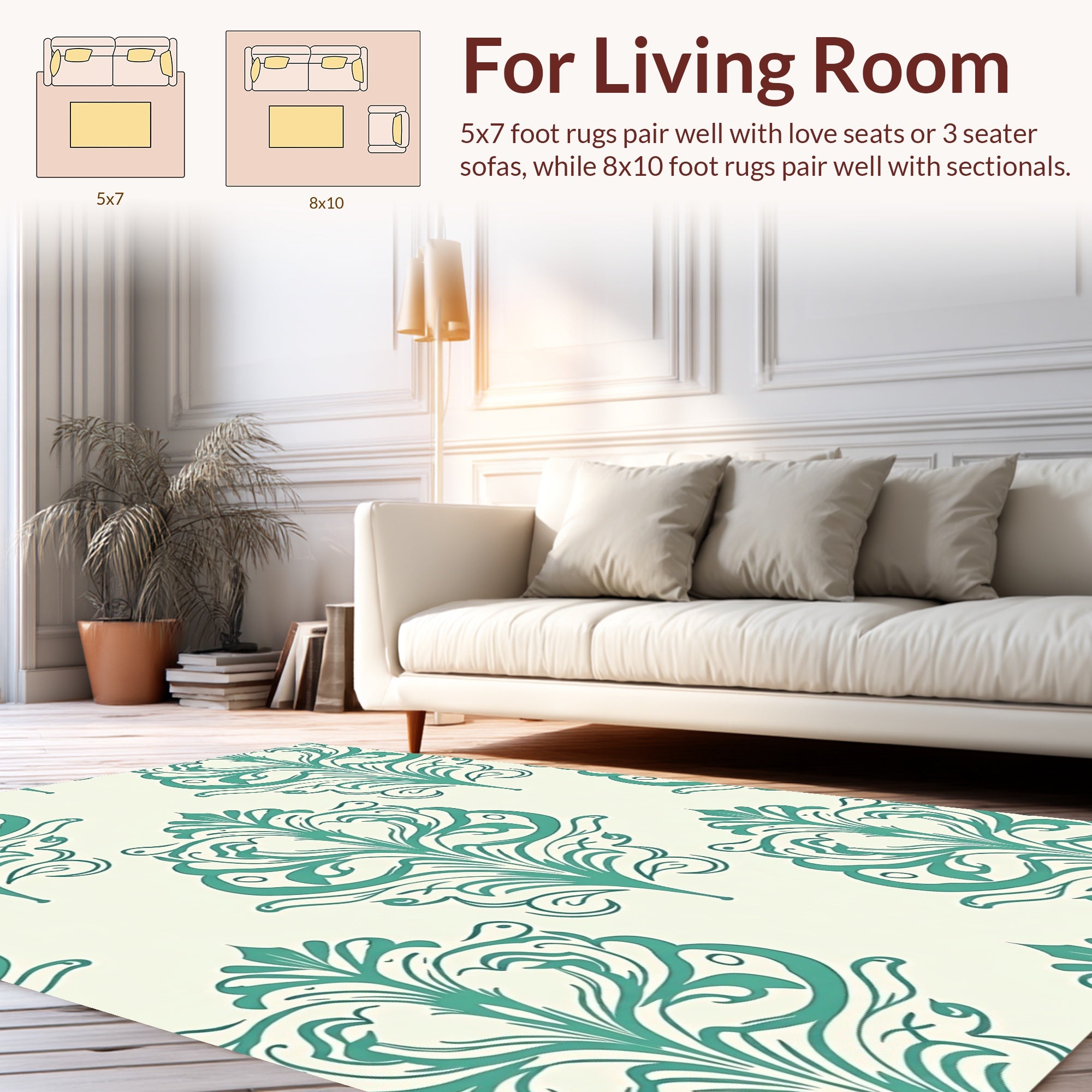 Teal Damask Flourish Pattern Rug